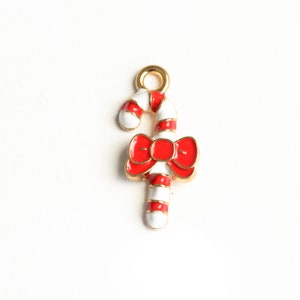 4 Candy Cane Charms, Red and White Stripe Cane With Bow, 21x9mm (592)
