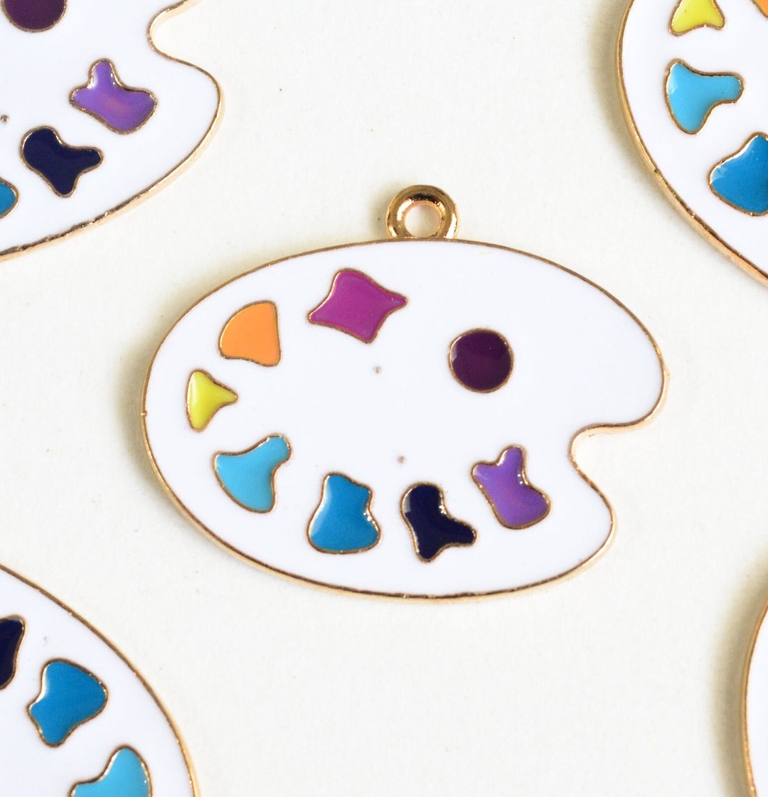 4 Paint Palette Charms, Enamel Artist Pendants, Gold Tone, 23mm X 28mm