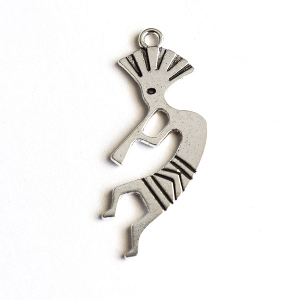 4 Kokopelli Charms, Silver Tone Flute Player, 40x16mm (2060)