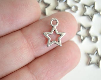 10 Small Star Charms, Silver Plated Outline Star Pendants- 20 pieces (273)