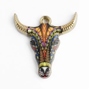 Cow Skull Charms, Stained Glass Pattern on Gold Toned Metal, 22x21mm - 4 pieces (1085)