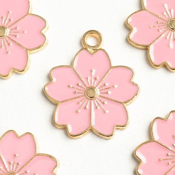 Pink Cherry Blossom Charms, Spring Flower Pendants, Gold Tone, Enamel, 20mm x 18mm - 5 pieces (1569