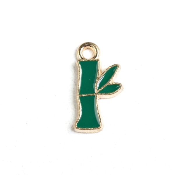 5 Bamboo Charm, Enamel Good Luck Plant Pendants, Gold Toned 17x9mm (1770)