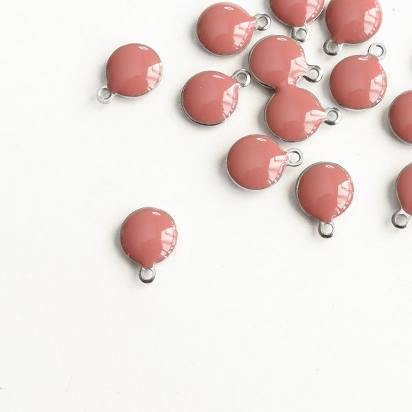 10 Pink Drop Charms, Enamel Dark Rose Round Dot Pendants, 8mm (609)