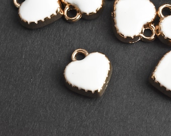 Tiny Gold Heart Charms With White Enamel, 8mm, Gold Plated Pendant - 10 pieces (120GW)