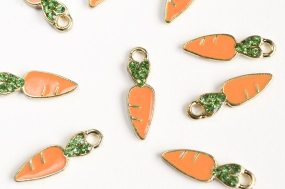 Orange Enamel and Rhinestone Charms 5 Carrot Charms Carrots Pendants