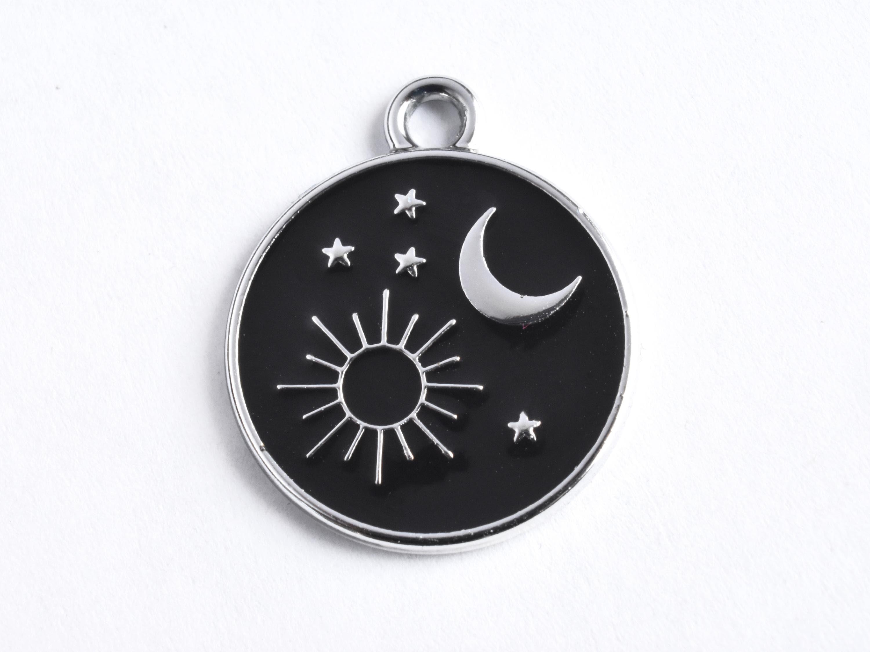 Crescent Moon and Sun Charms, Black Silver Tone Celestial Charm, 20x17mm - 4 pieces  (2157)