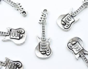 Guitar Charm, Silver Electric Guitar Pendant, 13mm - 10 pieces (313)