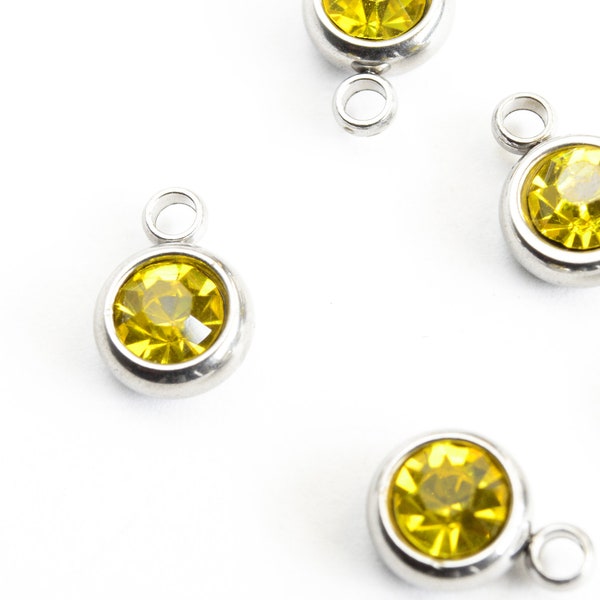 November Birthstone Charms, 5 Pieces Yellow Crystal Stainless Steel 8mm x 6mm  (532)