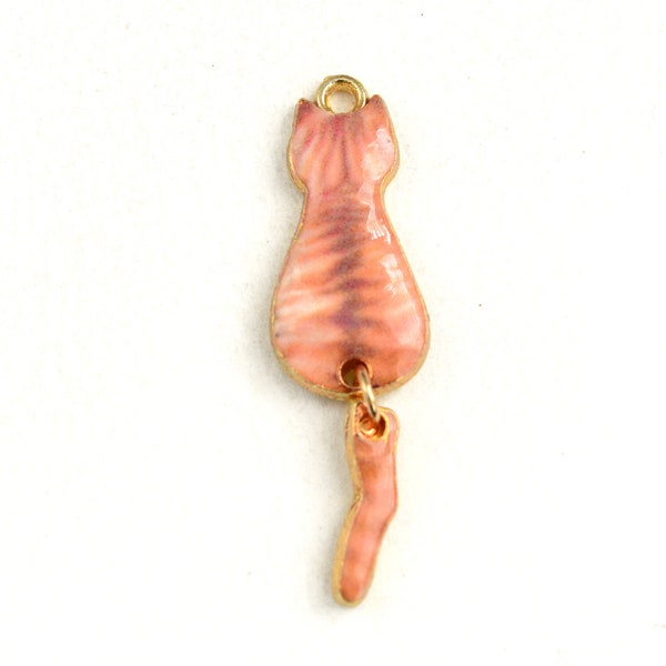 Orange Tabby Cat Charm With Dangling Tail, Enamel Cat Charm, Colorful Striped Cat, 35x10mm - 4 pieces (1894)