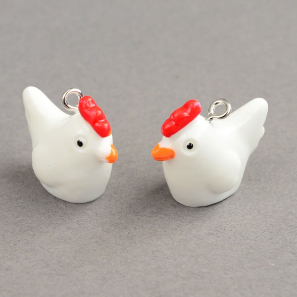 White Chicken Pendants, Plastic Resin Rooster Charms, 3d Earring Birds. 19mm x 22mm - 4 pieces (PC049)