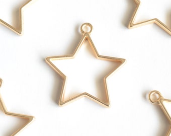 Star Charms, Matte Gold Tone Celestial Open Bezel Pendants, Pressed Flower Resin Charms, 37mm x 33mm- 4 pieces  (128G)