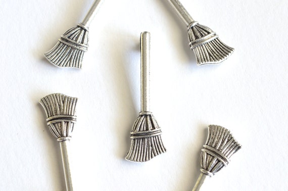 10 Witch Charms Silver Toned Witch on a Broom Stick 