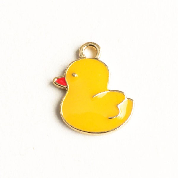 Duck Charms, Yellow Enamel Bird Pendants, Gold Tone, 17mm x 15mm - 5 pieces (1538)