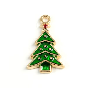 4  Christmas Tree Charm With Red Star, Green Enamel Holiday Pendants, 23x14mm (1830)