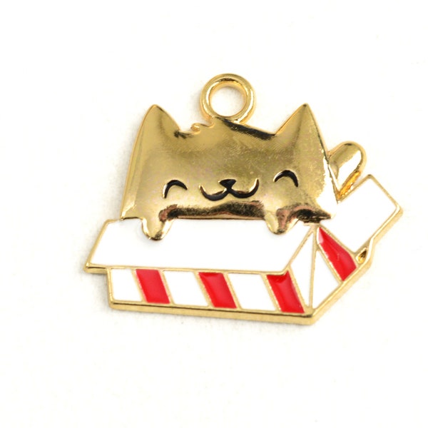 Cat Charm, Gold Tone Cat Sitting Striped Box, Red and White Enamel, 21x27mm, 4 pieces (1903)