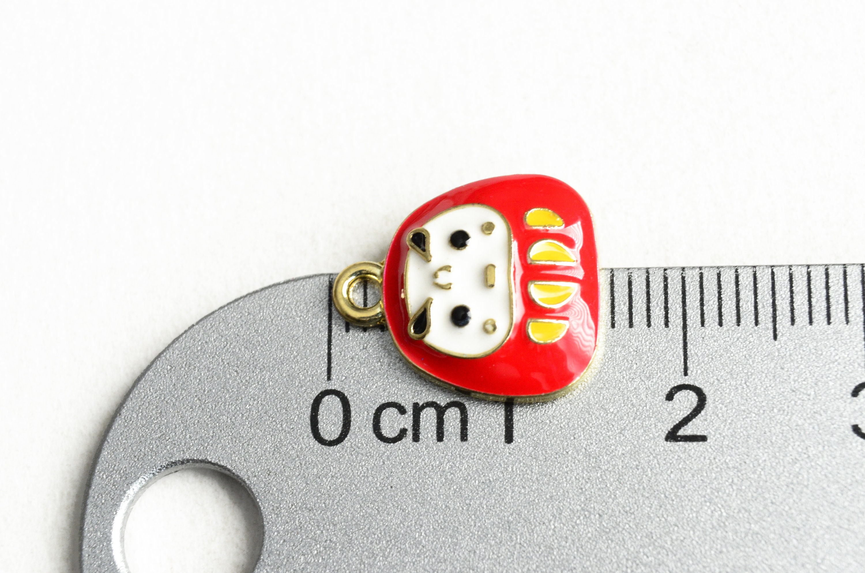 4 Daruma Charms, Red Enamel Japanese Doll Charm, 15x13mm