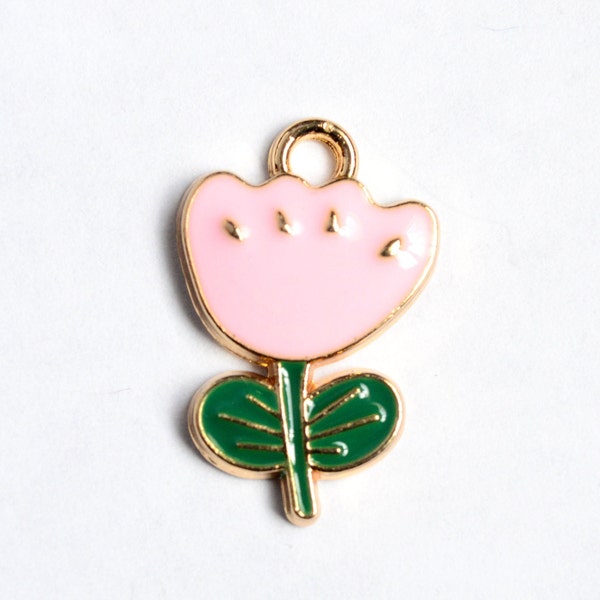 Pink Tulip Charms, Colorful Flower Pendants, Enamel and Gold Toned, 19mm x 12mm - 5 pieces (1321)