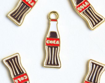 Cola Bottle Charms,  Soda Pendants, Enamel Soft Drink Charms, 26mm x 8mm 4 pieces (1663)