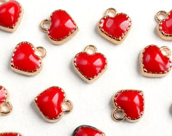 Tiny Red Heart Charms, 8mm Enamel Gold Toned Plating - 10 pieces (1560)