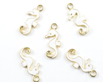 5 White Seahorse Charms, Gold Tone Enamel, 22x10mm (200G)