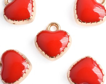 Tiny Red Heart Charms, 8mm Enamel Gold Toned Plating - 10 pieces (1560)