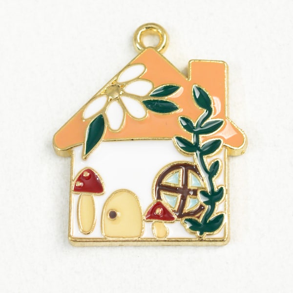 4 House Charms, Colorful Cottage Charms With Flower Vine and Toadstool Mushrooms, 28x24mm 1902