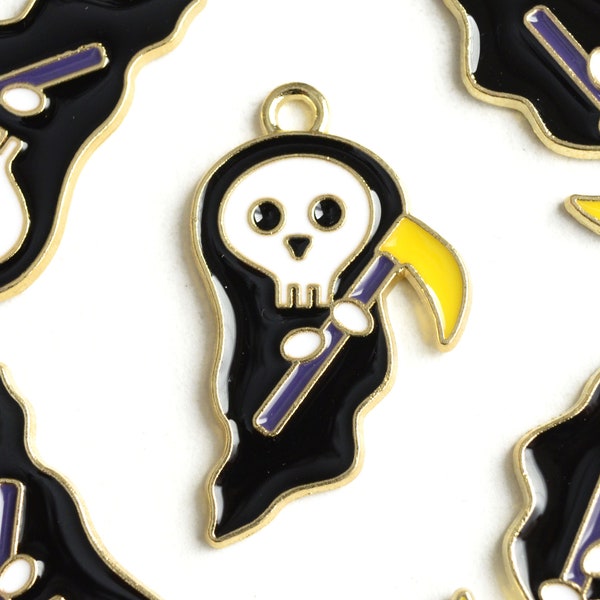 5 Grim Reaper Charm Death Charms, Enamel Halloween Skelton With Scythe, 28mm x 17mm includes loop  (1647)