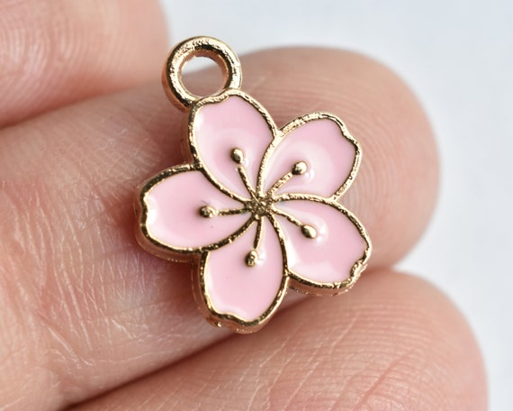 Cherry Blossom Charms, Gold Toned Pink Enamel, 14mm X 12mm - 4