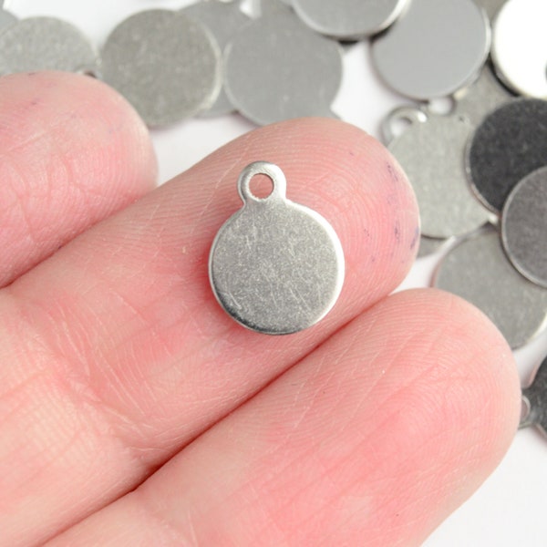 10 Silver Round Tag Charms, 8mm Stainless Steel Blank Stamping Pendants 1667