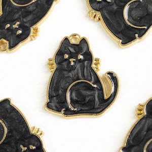 4 Black Cat Charms, Pearl Enamel Sitting Cartoon Style Cat Pendants, 21mm x 18mm (1704)