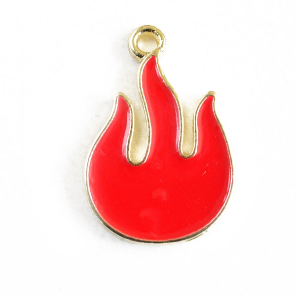 4 Flame Charms, Red Enamel Fire Charm, 22x15mm (1956)