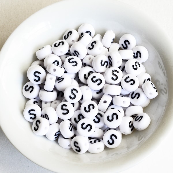 Letter S Plastic Alphabet Beads, White With Black Initial, 7mm x 3.5mm - 100 pieces (BTS)