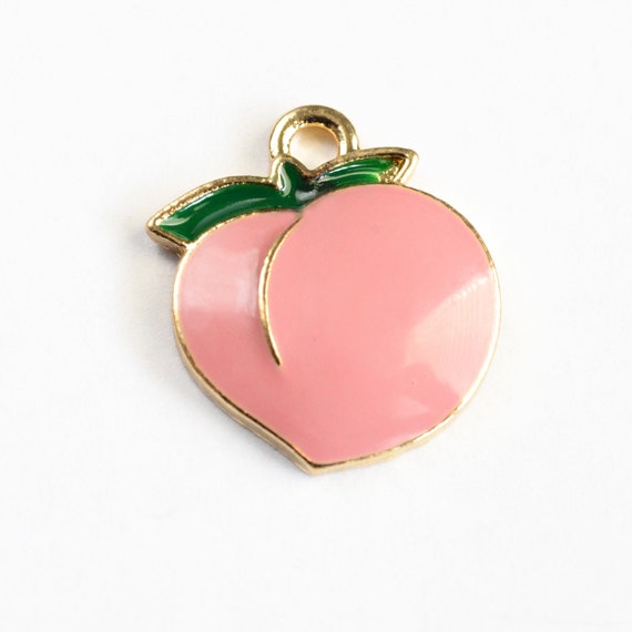 Peach Charms, Pink Enamel Fruit With Green Leaf, 18x15mm - 5 pieces (1170)