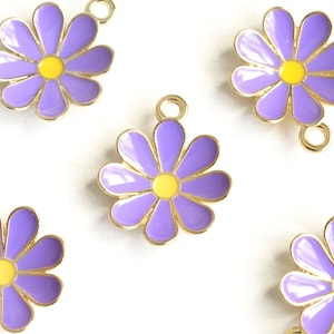 Purple Flower Charms, Purple and Yellow Enamel On Gold Toned Metal, 19mm x 15mm - 4 pieces (1175)