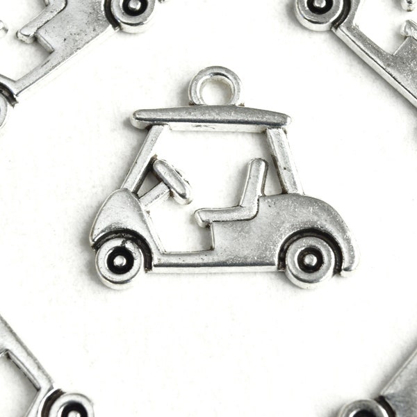 10 Golf Cart Charms, Silver Tone Summer Sports Vehicle, 17x20mm (2009)