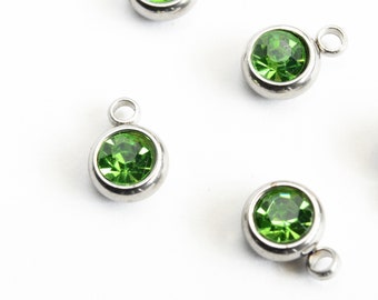 5 Green Rhinestone Charms, 4mm Peridot Crystal in 6mm Stainless Steel Bezel (529)