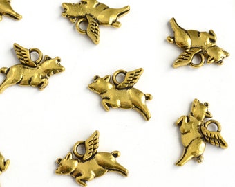 Flying Pig Charms Antique Gold Two Sided 15mm x 10mm - 10 pieces (486)