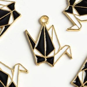 5 Origami Crane Charm, Black and White Enamel Bird, 20x15mm (1806)