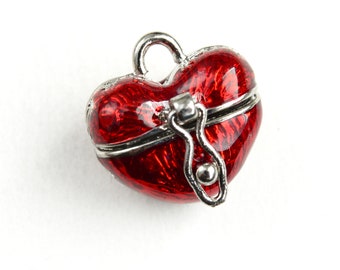 Red Heart Enamel Locket Charm with Front Clasp, 18x18mm Precious Memory Keepsake Pendant (1432)