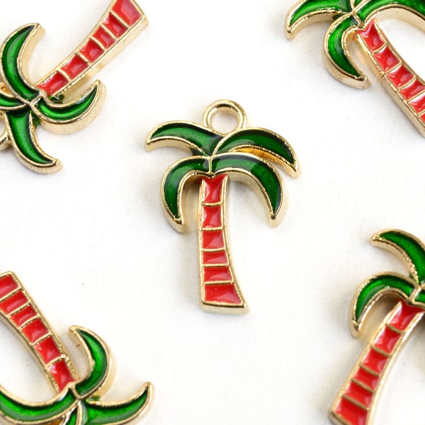 Palm Tree Charms, Green Red Enamel Tree Pendant, Gold Toned Metal, 18mm x 13mm - 5 pieces (1059)