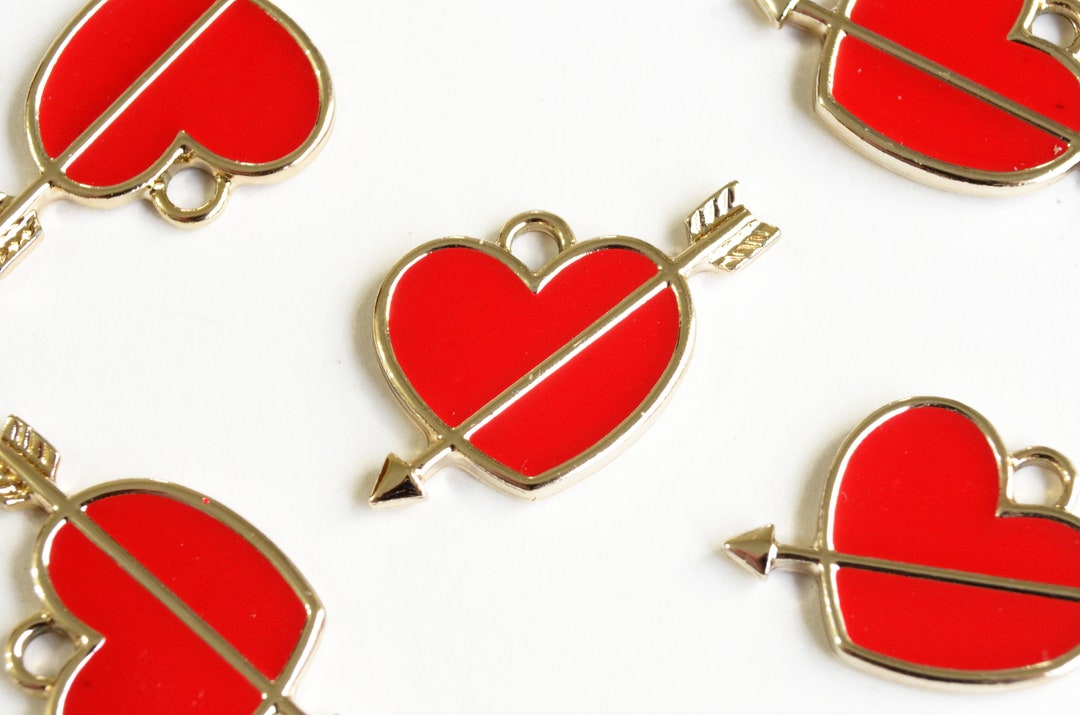 Heart Arrow Charm, Red Enamel, Gold Toned, Cupid Pendant, 18mm X 24mm 4 ...