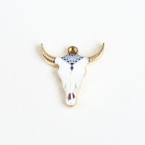 4 Cow Skull Charms, Patterned Crown Print on Gold Toned Metal, 22mm x 21mm (1234)