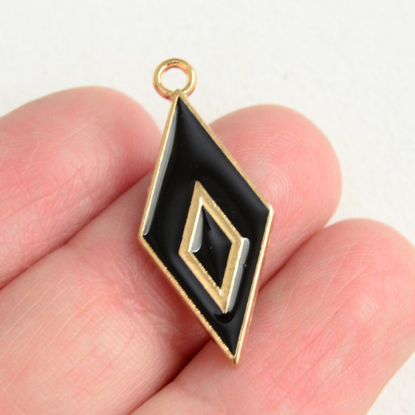 5 Black Diamond Charms, Enamel Gold Toned Geometric Shaped Pendants, 28x12mm (1688)