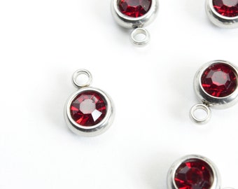 5 Red Rhinestone Charms, January Birthstone, Stainless Steel 8mm x 6mm (528)