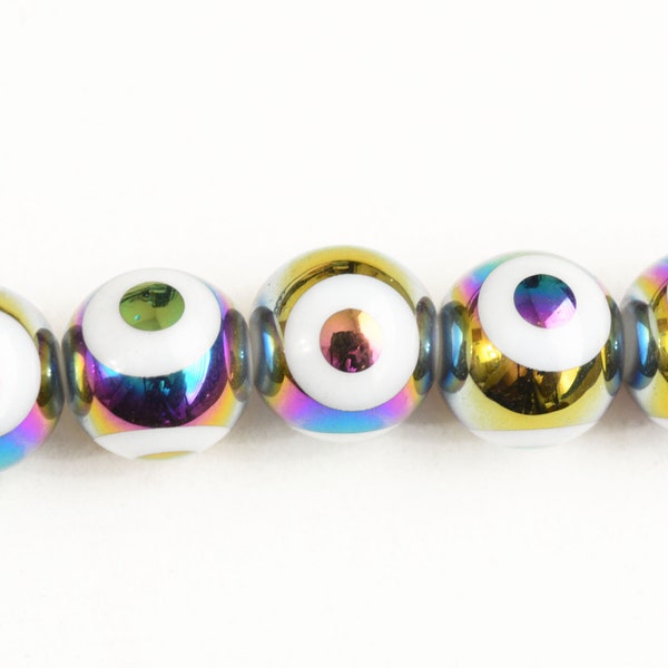 Multicolor Evil Eye Beads, Round Electroplate Metallic Finish, 10mm - 1 strand (B014)