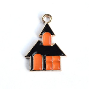 5 Haunted House Charms, Black And Orange Enamel Halloween Pendants, 22mm x 15mm (1720)