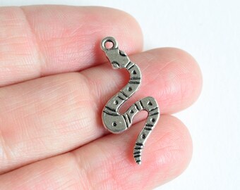 10 Snake Charms, Silver Toned Patterned Snake Pendants, 26mm x 11mm (1418)