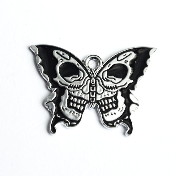 4 Butterfly Skull Charms, Black Moth With Skulls, 20x28mm (2155)