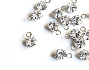 Tiny Rhinestone Charms, Silver Toned Solitaire Charms, 6mm x 4mm, 10 pieces (873)